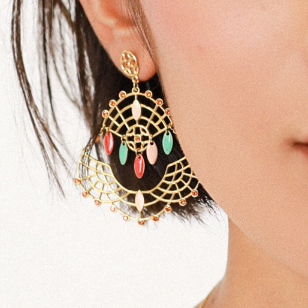 Image of double fan shaped dangle earrings encrusted with tiny crystals.