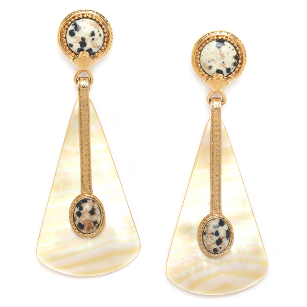 Image of Tizu Ouzou from Nature Bijoux earrings encapsulates an ethnic vibe with its use of Jasper and Golden Mother of Pearl and gold plated metal in its luscious, elegant settings.