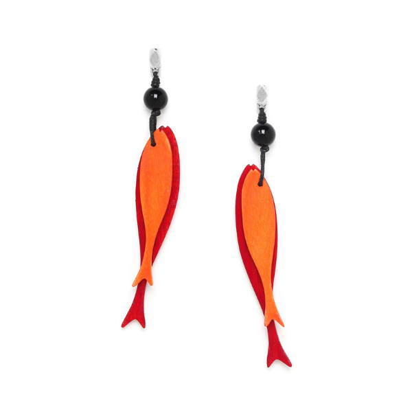 Image of dangle earrings featuring orange and red abstract fish.