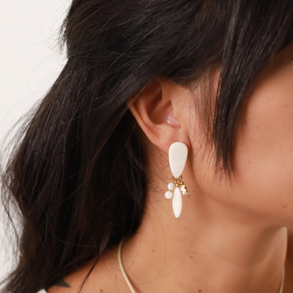 Image of ivory coloured dangle earrings with large mother of pearl top.