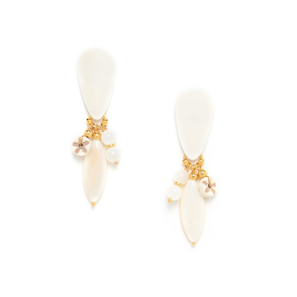 Image of ivory coloured dangle earrings with large mother of pearl top.