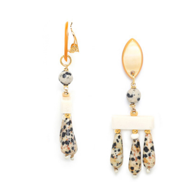 Image of drop earrings with mother of pearl shaped leaf, dalmatian jasper dangles and bone elements. Set as stud or clip-on.