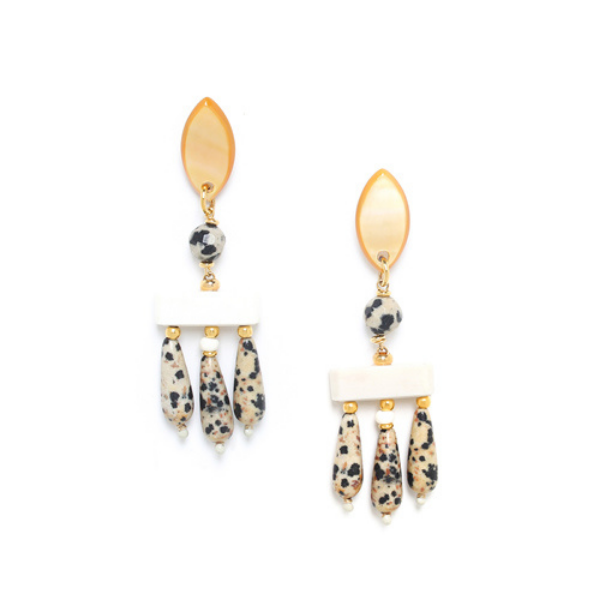 Image of drop earrings with mother of pearl shaped leaf, dalmatian jasper dangles and bone elements. Set as stud or clip-on.