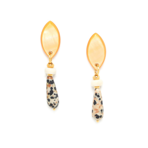 Image of single drop earrings comprising bone, speckled jasper and golden mother-of-pearl.