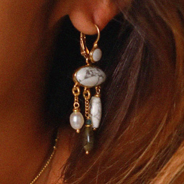 Image of pearl and howlite earrings with 3 dangles featuring howlite, agate and pearl beads.