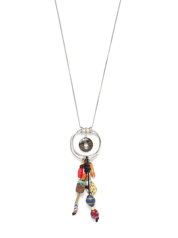 Image of ethnic styled necklace with rich pendant colours in natural stores, red and lapis blue.