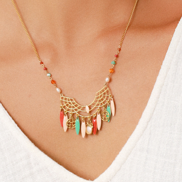 Image of bohemian style necklace with fan shaped pendant ad colourful dangles.