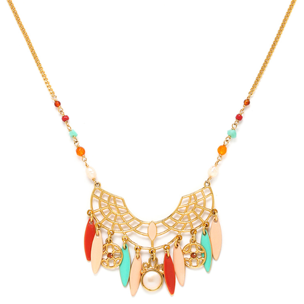 Image of bohemian style necklace with fan shaped pendant ad colourful dangles.