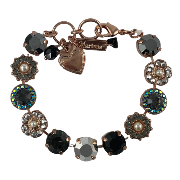 Image of fine crystal bracelet embellished with grey, black, diamond crystals.