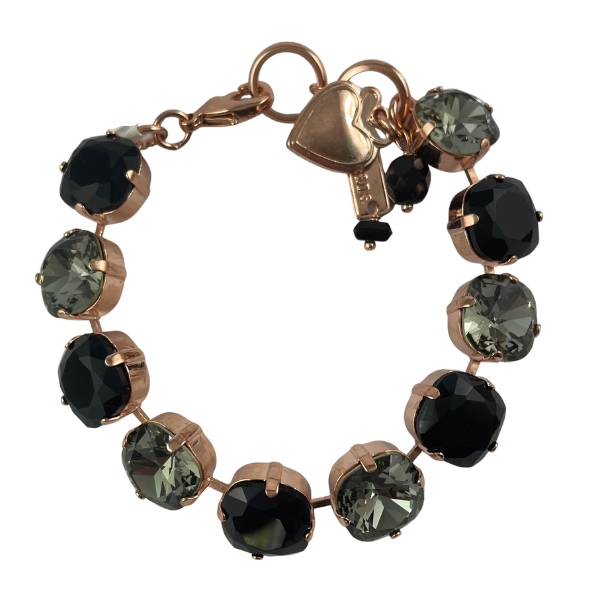 Image of fine crystal chunky bracelet embellished with grey, black crystals.