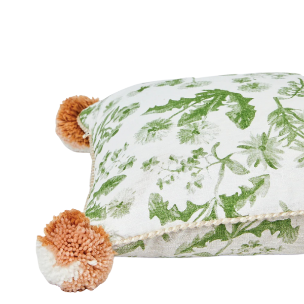 Image of Dandy Sage Cushion 60cm x 40cm with natural raffia and pom pom trim.