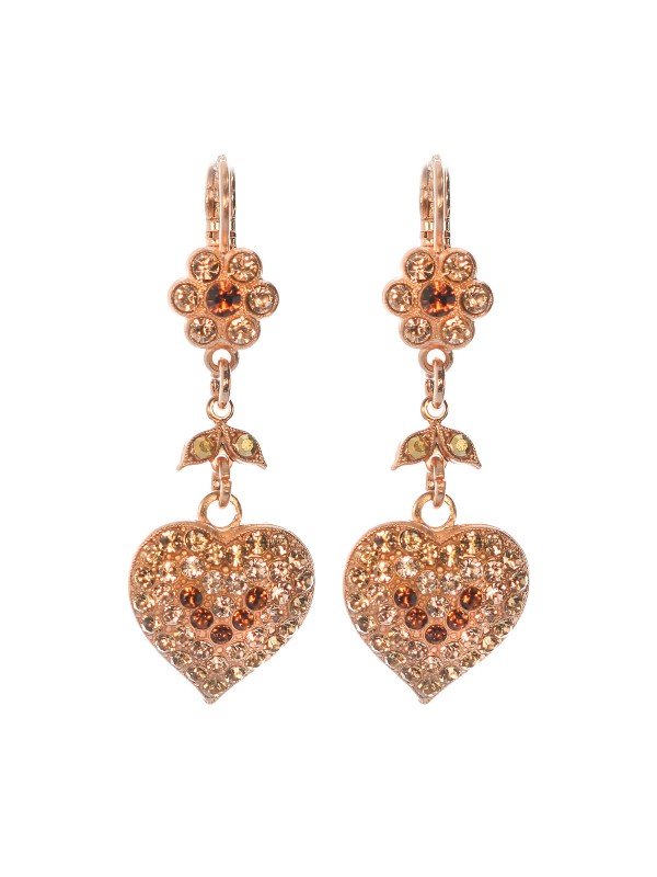 Image of elegant dangle earrings with earthy amber and claret crystals and long dangle with crystal encrusted hearts
