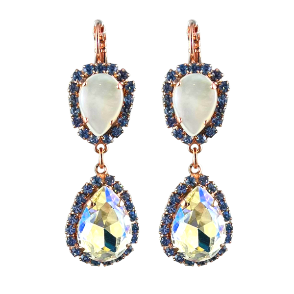 Image of clear crystal teardrop dangle earrings with a white opalite inverted teardrop crystal above both edged with tiny blue crystal seeds, the metal is 18ct Rose Gold plated on a French hook.