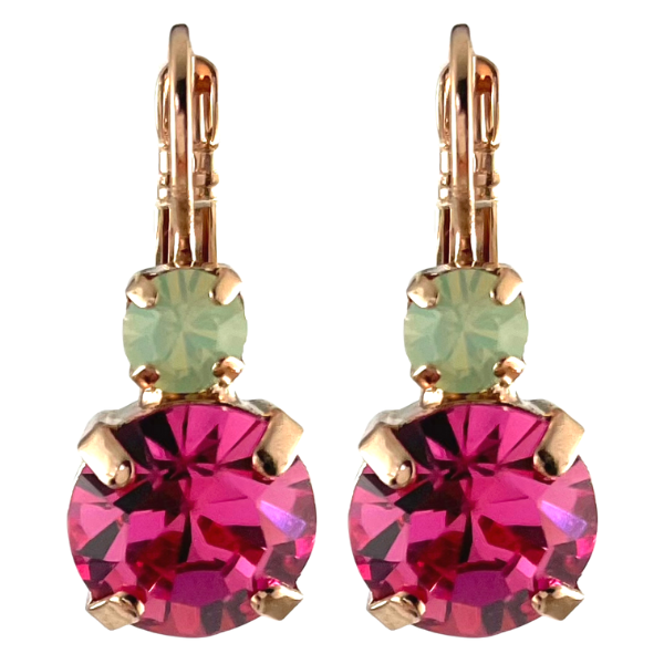 Image of 18ct rose gold plated everyday earrings with round pink crystal and small jade green crystal above.