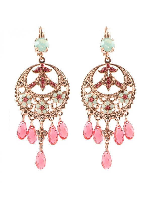 Image of handmade gypsy-style dangle earrings featuring 18ct rose gold gilding and orange Swarovski crystals.