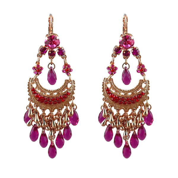 Image of flamboyant, statement earrings with multi dangle chains encrusted with pink, purple and red swarovski crystals on rose gold plated finish.