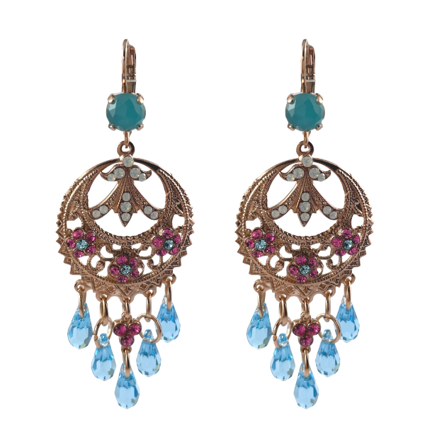 Mariana's Memories of Montmartre Collection features, watermelon, fuchsia, turquoise and milky white crystals. The jewellery is layered in 18-carat Rose Gold featuring Austrian & Czech Crystals:  Light Turquoise (263), White Opal (234) & Jonquil (213)