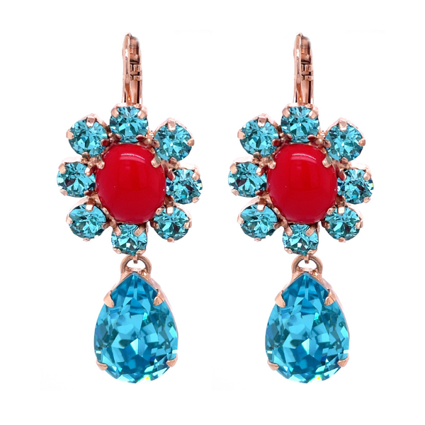 Image of large red and aqua flower earrings with aqua crystal teardrop dangle.