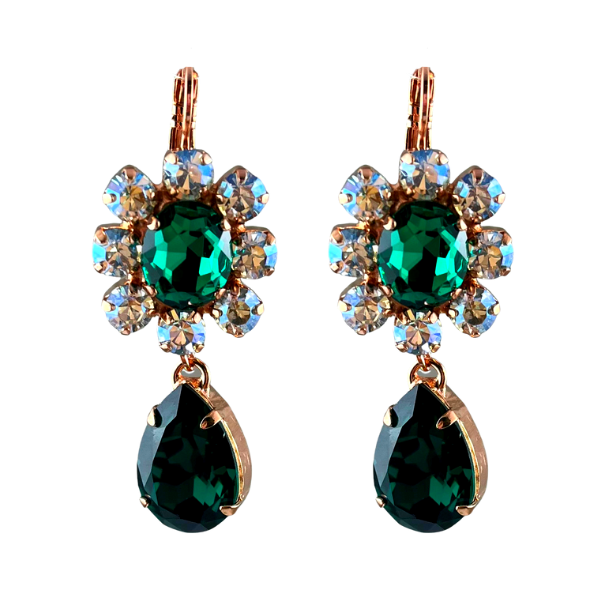 Image of large emerald green and diamond flower earrings with emerald green crystal teardrop dangle.