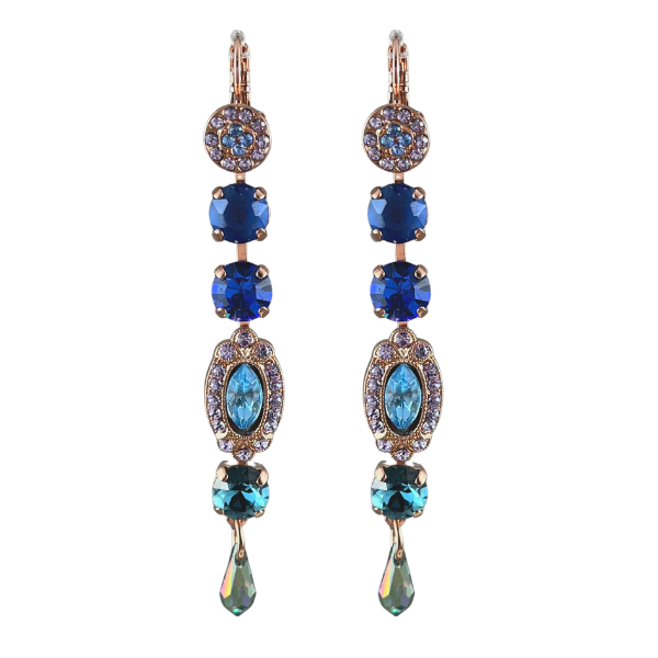 Image of beautiful multi dangle earrings using blue and lilac crystal colours on 18 carat rose gold finish.