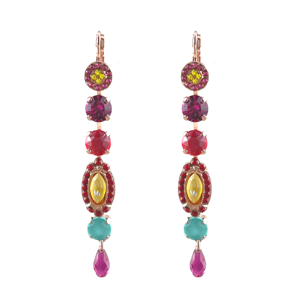 Image of crystal encrusted drop earrings featuring pink, yellow, red, fuchsia and aqua crystals. Elegant - 8cm in length on a French hook.