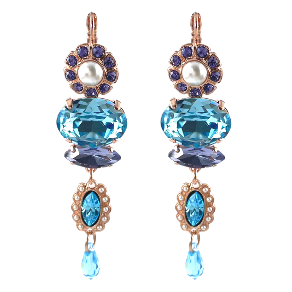 Image of Rhodium plated large dangle earrings with aqua and purple crystals with faux pearl.