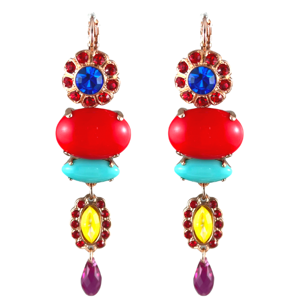 Image of large chunky dangle earrings embellished with many bright colours of Swarovski crystals and opal stones.