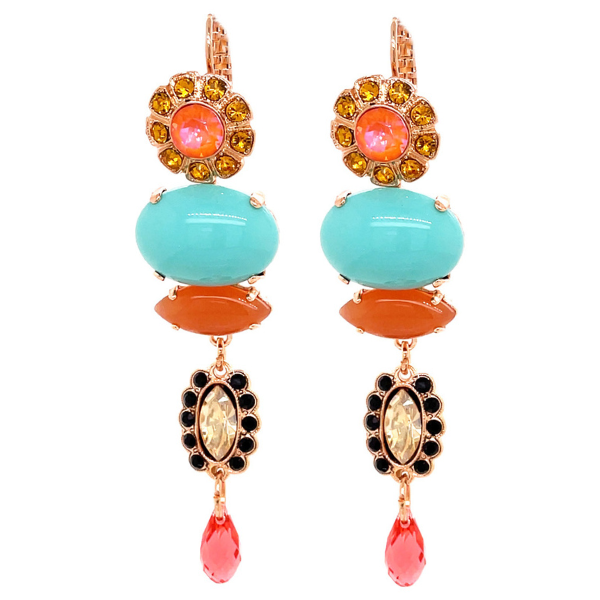Image of large dangle earrings with turquoise and orange opals with pink, yellow and black crystals.