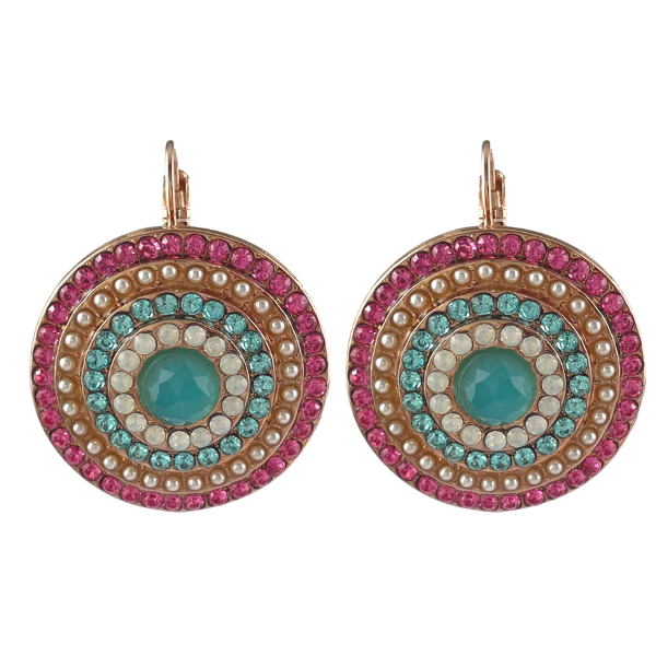 Image of impressive disk earrings featuring a combination of seek pink, aqua, opaque white crystals with seed faux pearls with an aqua larger crystal centrepiece.