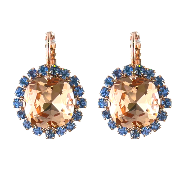Image of elegant round earrings with large champagne crystal trimmed with small blue crystals. French hook with 18ct Rose Gold plating.