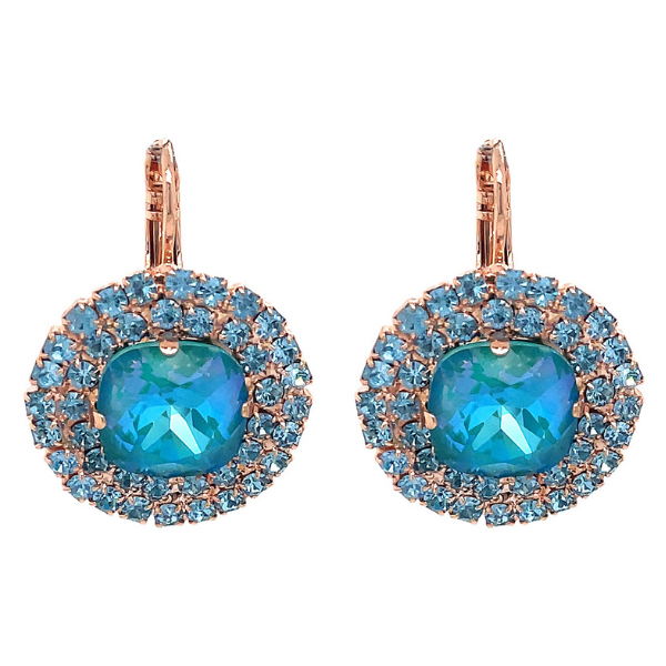 Image of big round earrings with large aqua crystal centre, trimmed with a double layer of tiny seed aqua crystals. French hook with 18ct Rose Gold plating