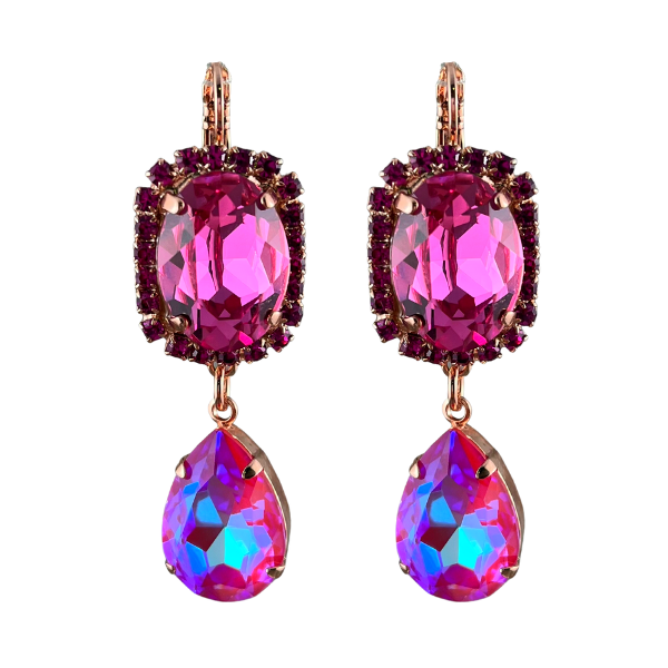 Image of pink, oval crystal earrings trimmed with purple crystals, and adorned with a vibrant fuchsia teardrop crystal set underneath.