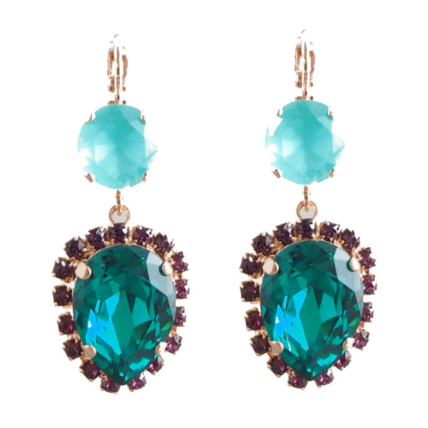 Image of emerald green teardrop dangle earrings edged with purple seed crystals and milky aqua blue round crystal above.