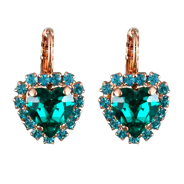 Image of dainty heart shaped earrings using turquoise heart centre edged with tiny seed aqua crystals, on18 carat gold plated finish.