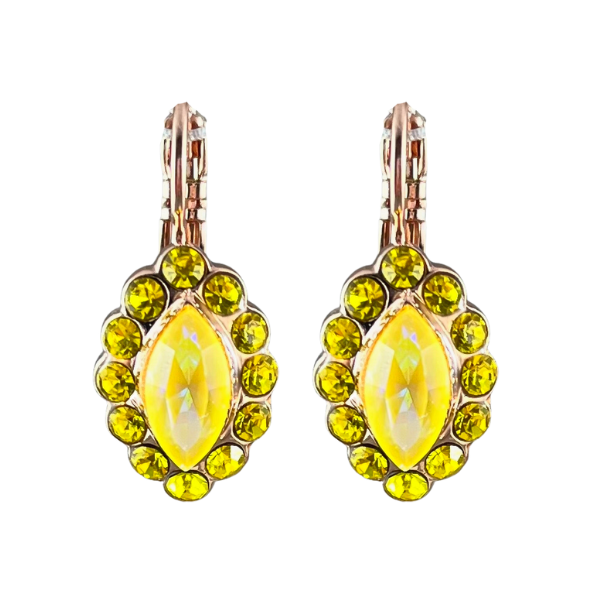 Image of dainty earrings with iridized yellow crystal in navette cut edged with yellow seed crystals.