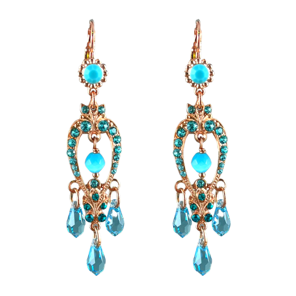 Image of beautiful dangle earrings using mariana's aqua and turquiose coloured swarvoski crystals to bring the earrings to life.