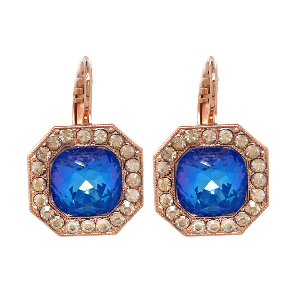 Image of octagonal earrings with cobalt blue square crystal centre edged with champagne crystals