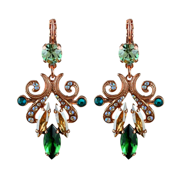 Image of beautifully designed dangle earrings embellished with emerald green, jade green and diamond Swarovski crystals.