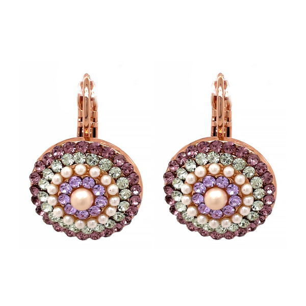 Image of mini dangle earrings with mauve crystal encrusted flower with a single green crystal dangle. 18ct rose gold plated metal.