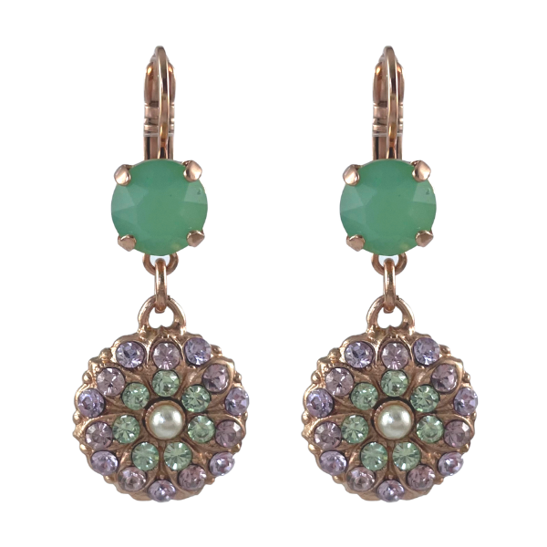 Image of flower dangle earrings with lilac and jade green edged crystals and small round green opal above.