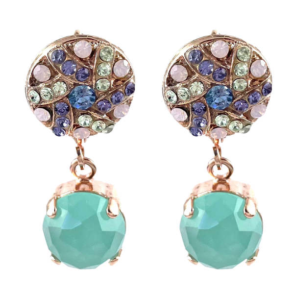 Image of round earrings encrusted with lilac and jade green crystals and a jade green crystal dangle.