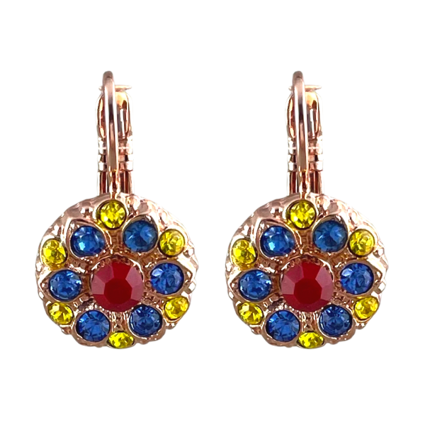 Image of French hook earrings set with a cluster of yellow, blue and red crystals.