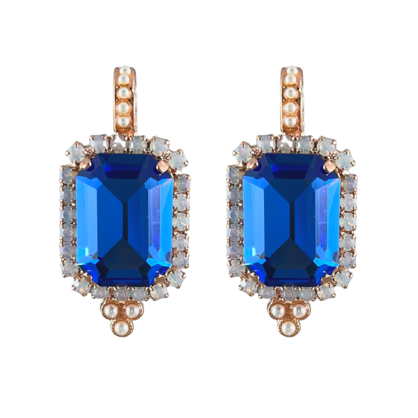 Image of 18ct rose gold plated drop earrings with large rectangular electric blue crystal trimmed with white opalite seed crystals and hook encrusted with mini faux pearls.