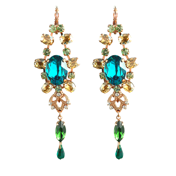 Image of spectacular, 9.5cm dangle earrings featuring green, turquoise and champagne crystals over 18ct rose gold plated metal. French hook.