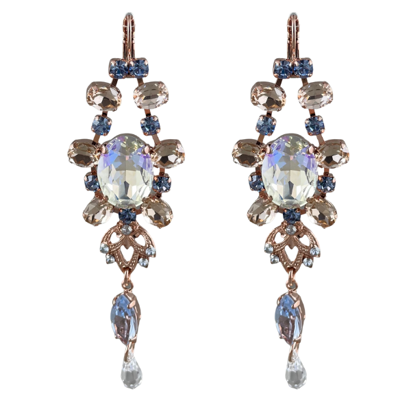 Image of spectacular, 9.5cm dangle earrings featuring clear, ice blue and champagne crystals over 18ct rose gold plated metal. French hook.