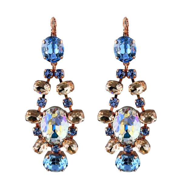 Image of stunning statement earrings set with blue and champagne crystals set around an oval diamond crystal centrepiece. French hook, 18ct Rose Gold plated metal.