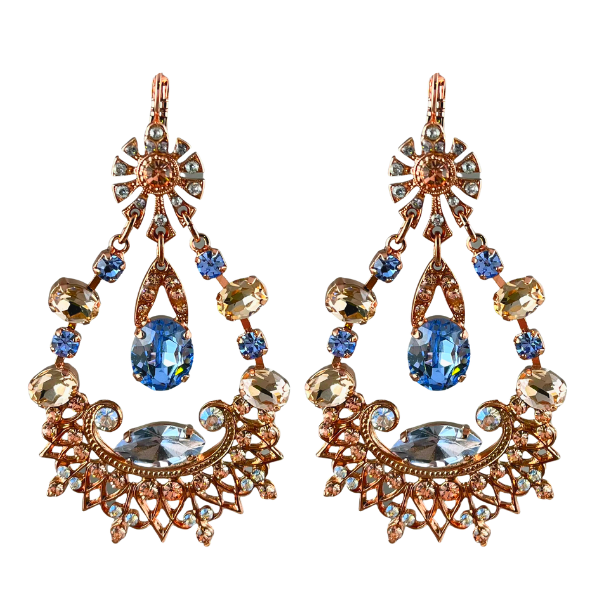 Image of large statement dangle earrings embellished with blue, grey, diamond and champagne Swarovski crystals on 18 carat rose gold.
