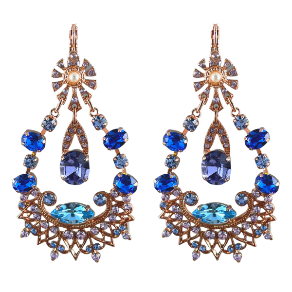 Image of large chunky dangle earrings embellished with electric blue, aqua and lilac Swarovski crystals on 18 carat rose gold.