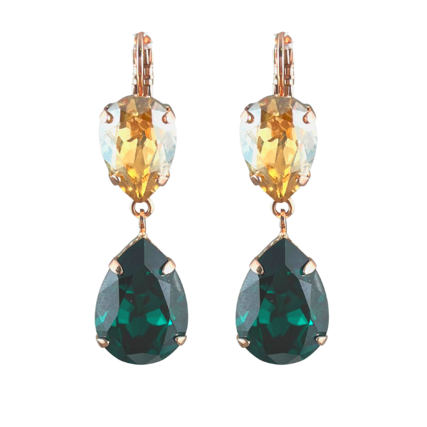 Image of dangle earrings with inverted tear drop champagne crystal and emerald green teardrop dangle below, on 18 carat gold finish.