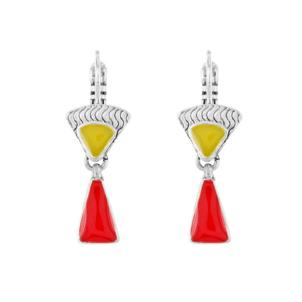 Image of drop earrings with inverted yellow triangle and red upright triangle dangle.